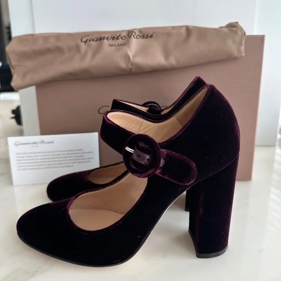 Gianvito Rossi Burgundy Velvet Mary Jane Pumps Heels - Picture 4 of 9